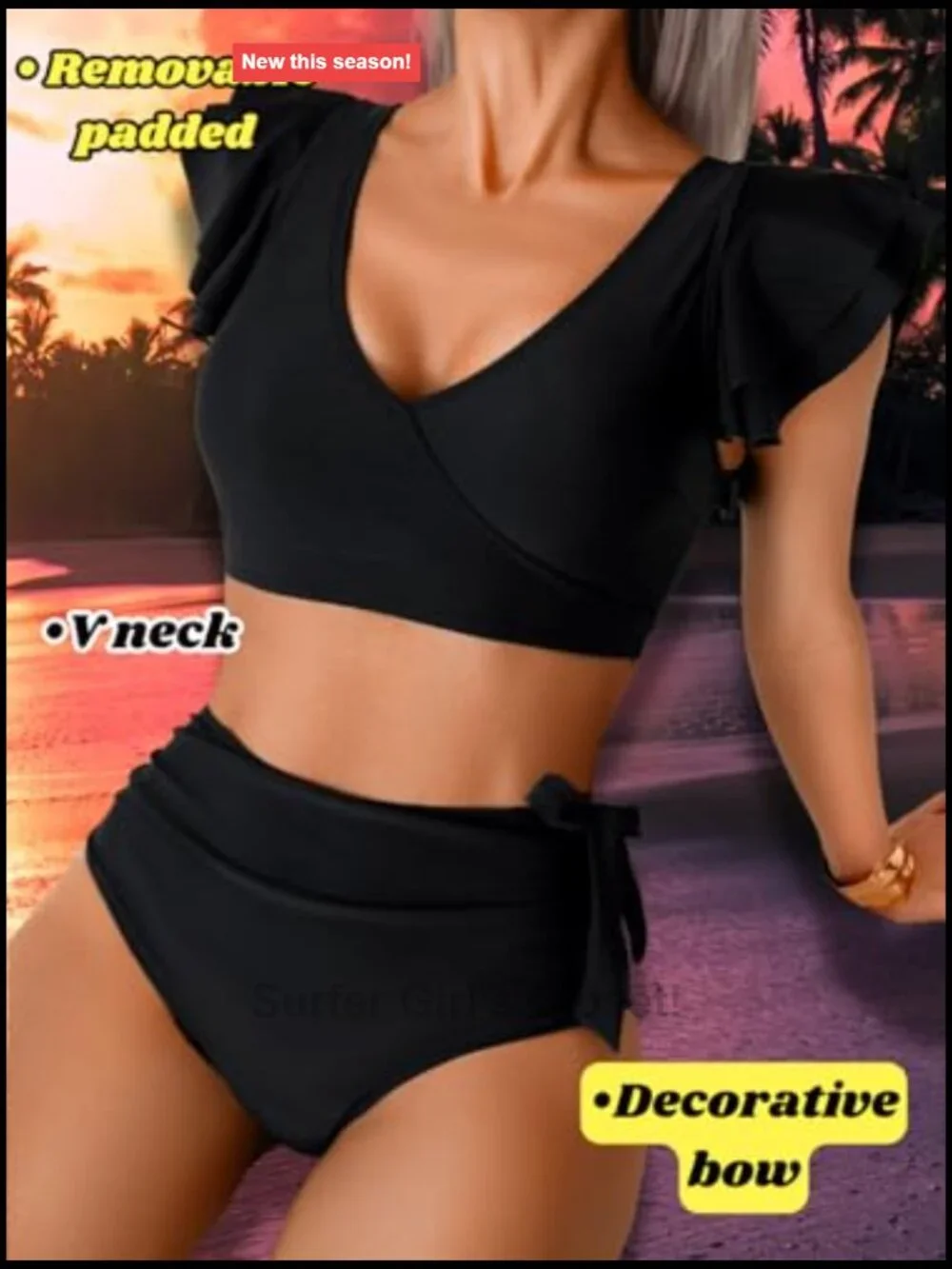 High Waisted 2 Piece Bikini Set, Tummy Control Ruffle V Neck Full Coverage